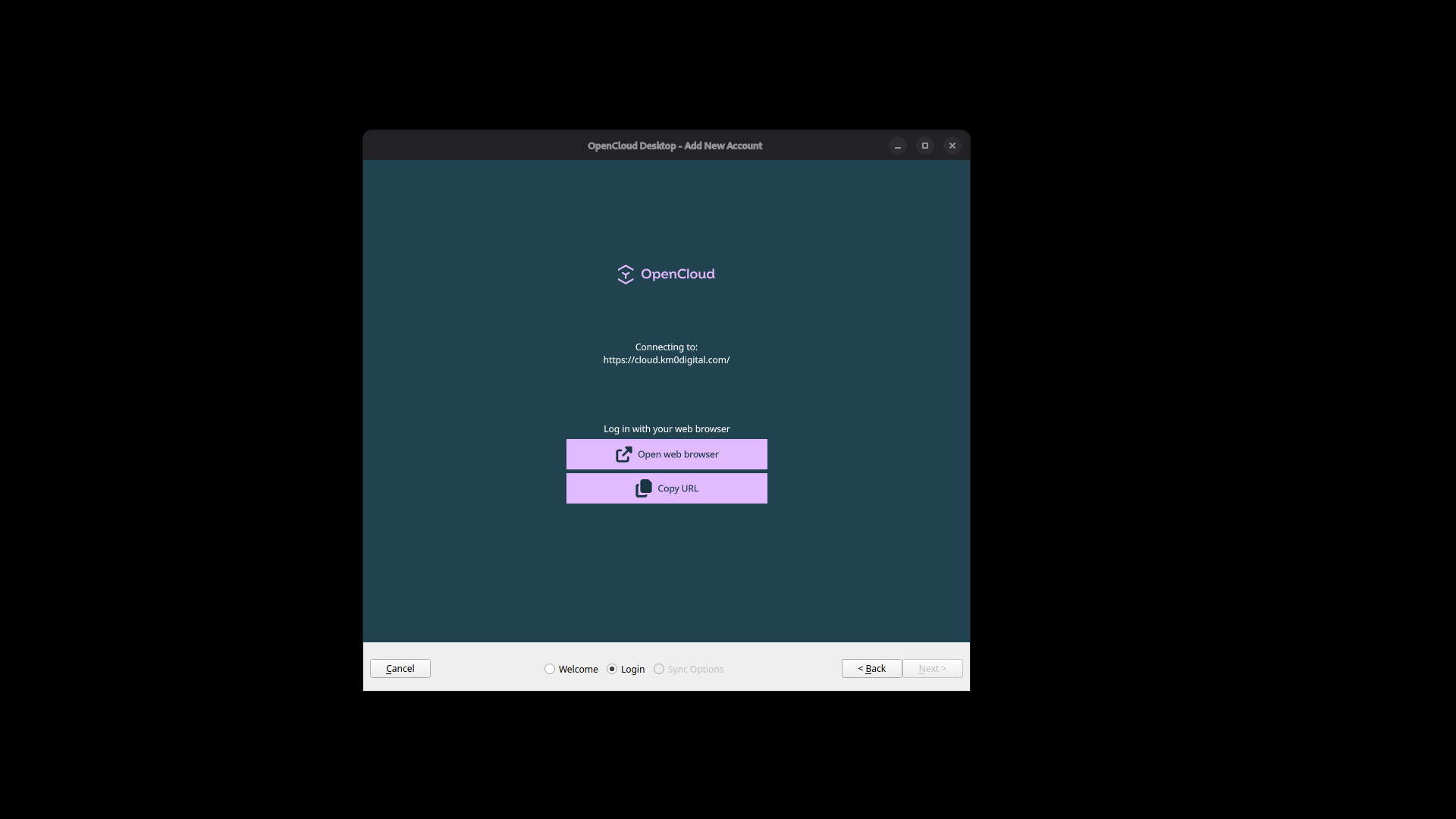OpenCloud Desktop prompting to open the web browser for login