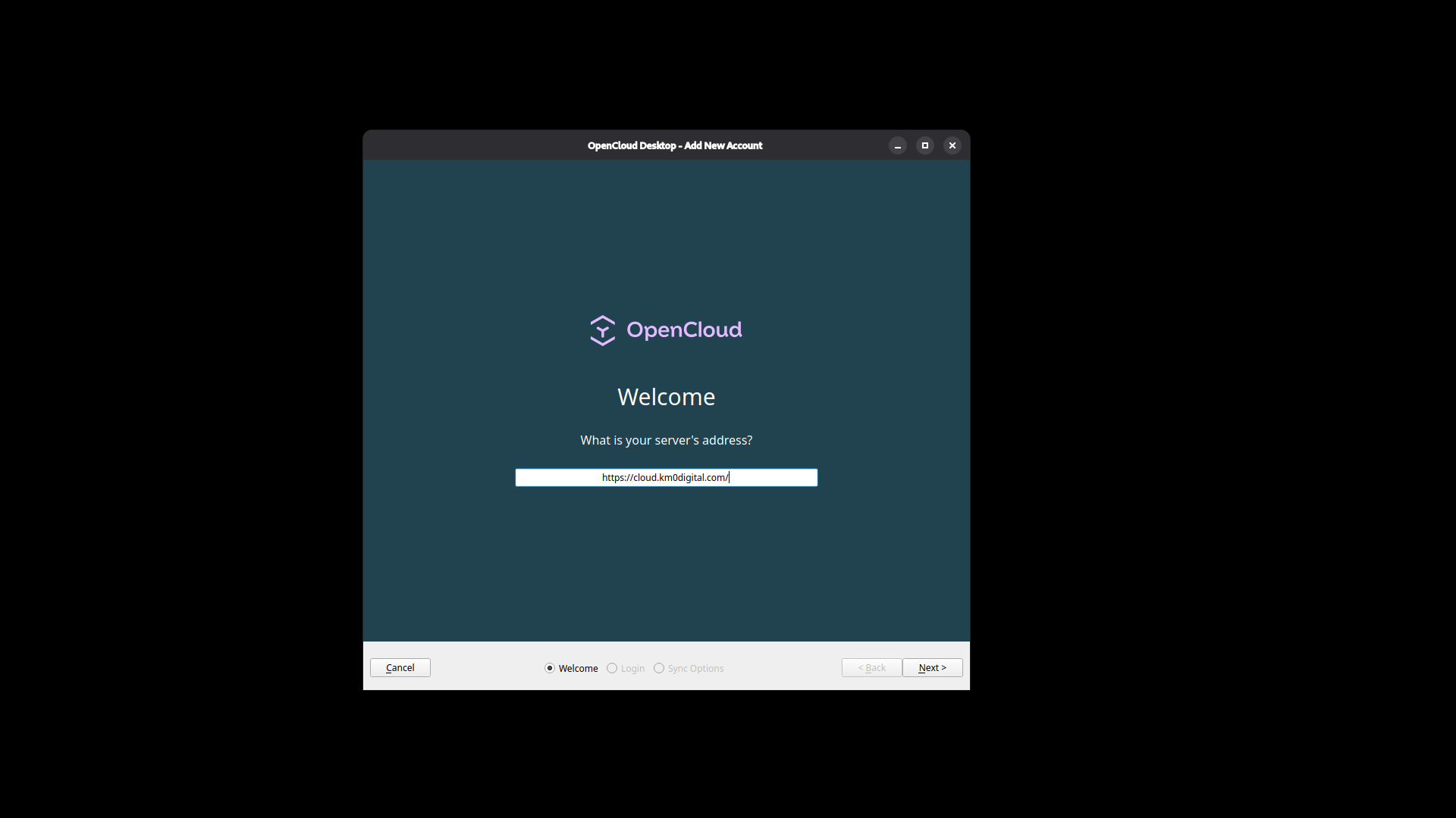 OpenCloud Desktop Welcome with Cloud server address