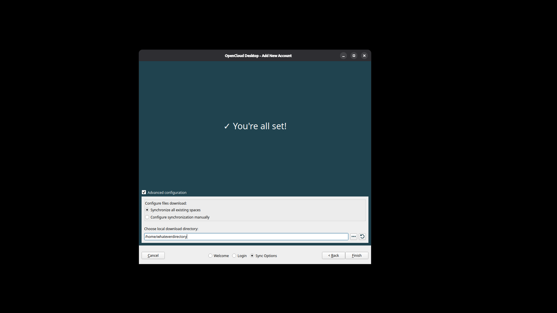 OpenCloud Desktop sync options choosing local download directory