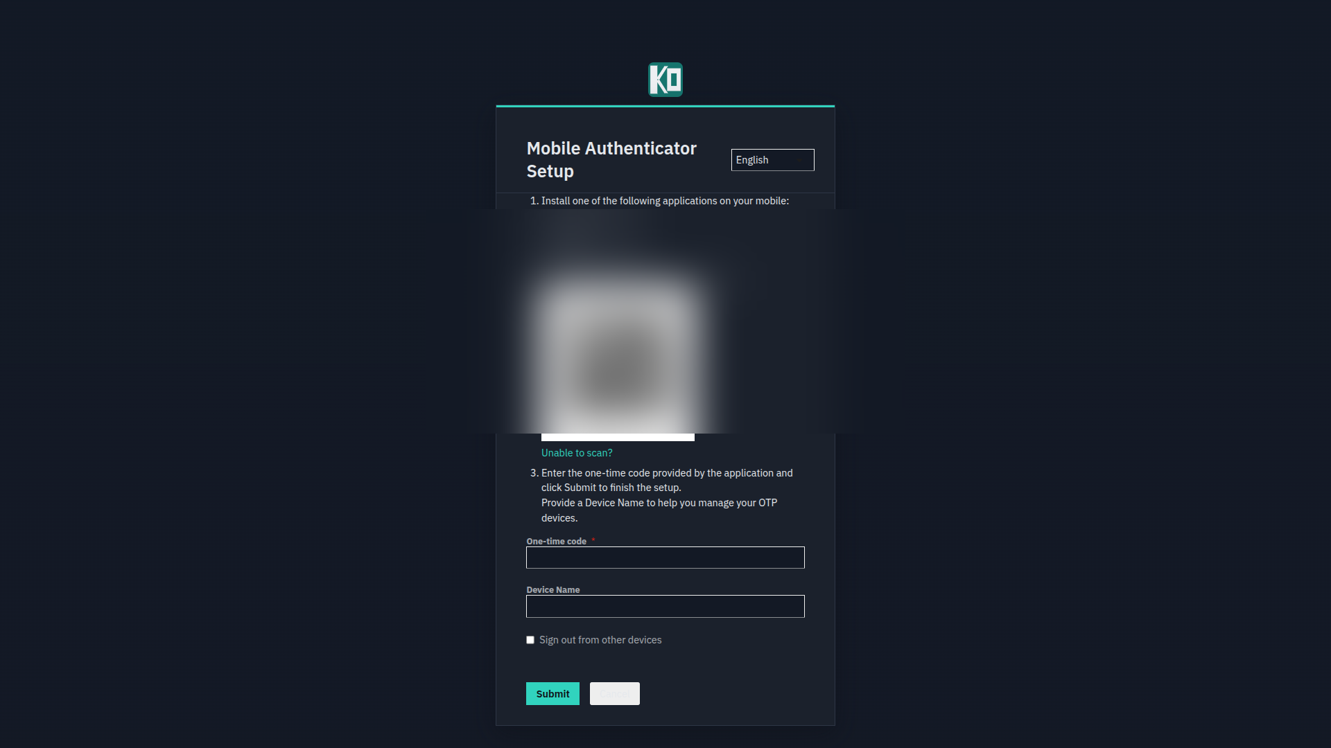 Mobile Authenticator Setup screen with QR area blurred